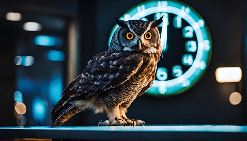 robotic dark owl with neon eyes behind the big clock