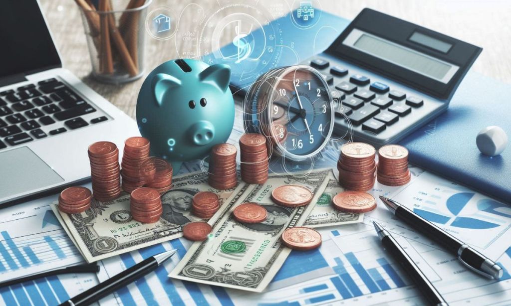 An artistic representation of finance, showcasing symbols of currency, clocks, and ledgers, intertwined to depict the importance of time management and budgeting in achieving financial success.