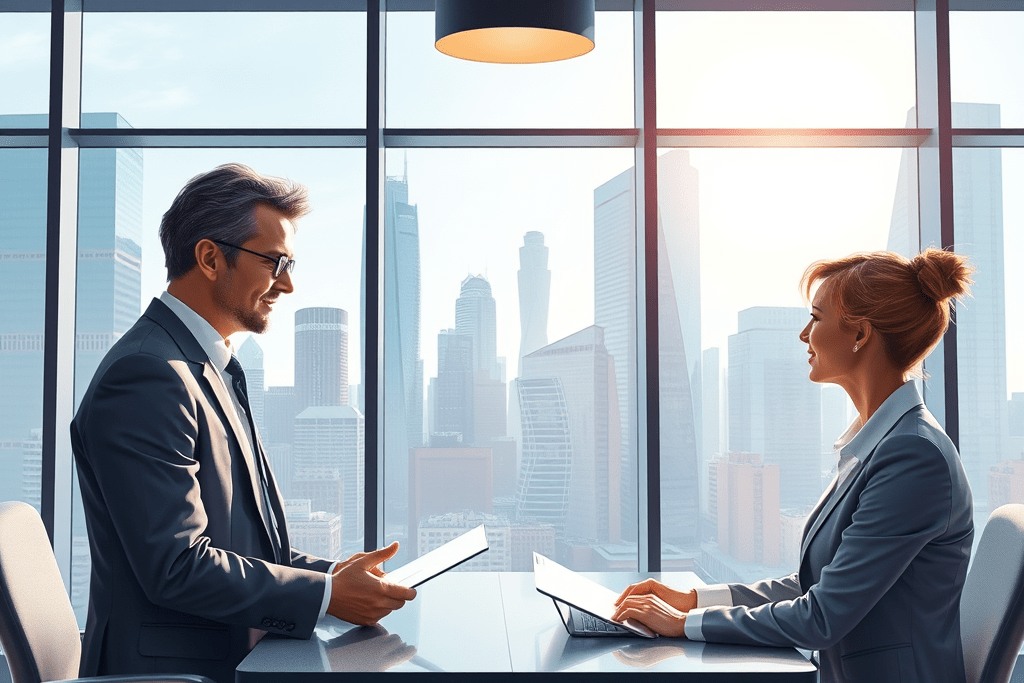 Two business professionals engaged in a discussion at a modern office, with a city skyline visible through large windows.