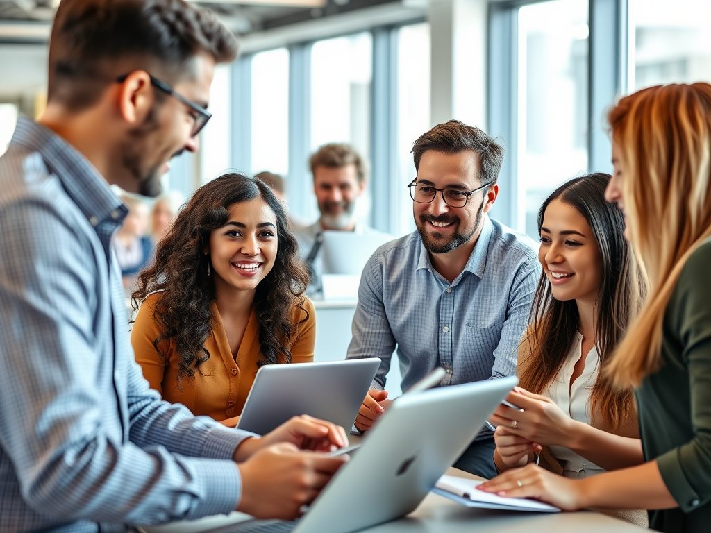 A group of diverse young professionals collaborating around a laptop in a modern office environment, smiling and engaged in discussion.